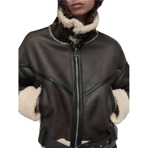 COPY - Winter Women’s Faux Lamb Sherpa Aviator Bomber Jacket – Vintage Cropped … - Picture 5 of 7